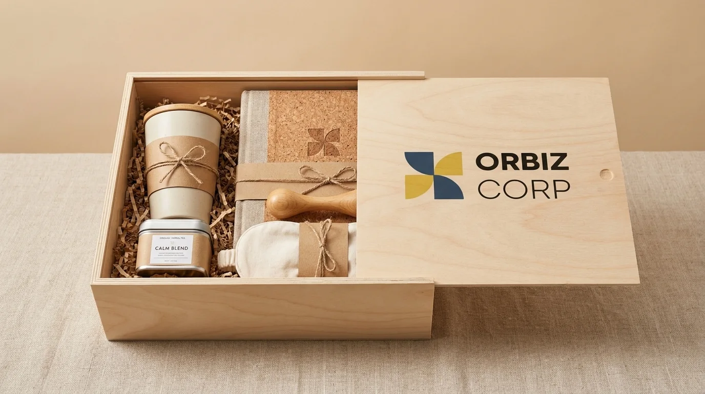 Wellness products arranged inside a branded wooden gift box